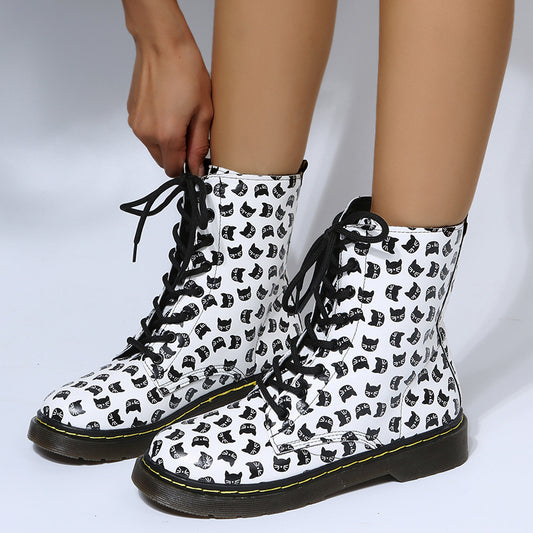 Women's Thick Bottom Square Toe Laces Casual Boots