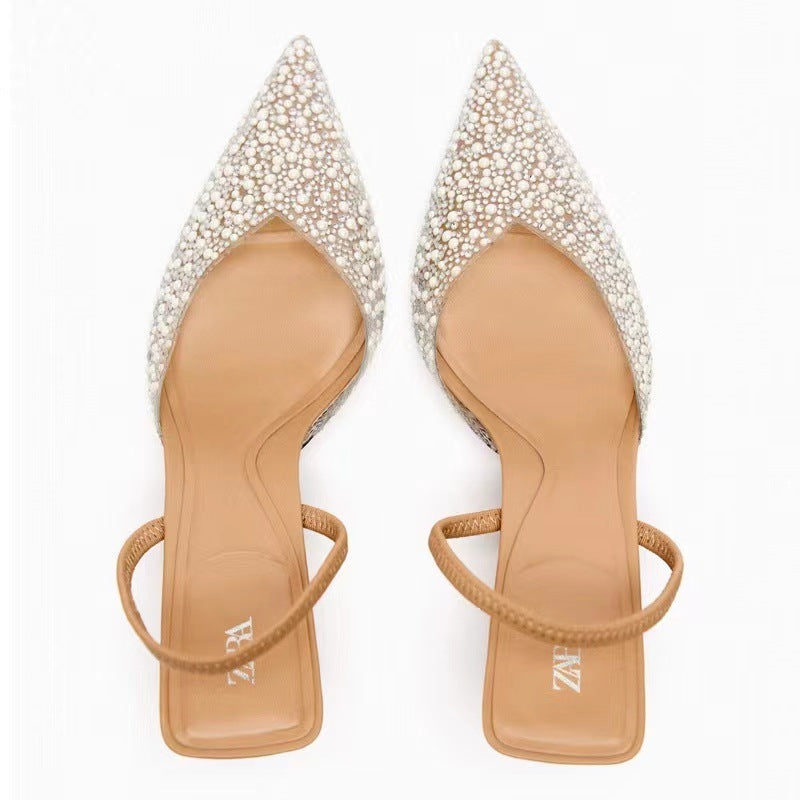 Women's Pointed Toe Rhinestone Pearl Shallow Gas High Heels