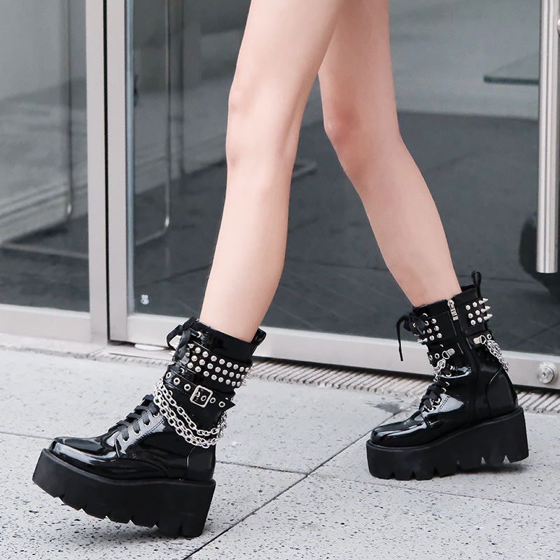 Autumn And Winter New Patent Leather Rivet High Heel Platform Martin Boots