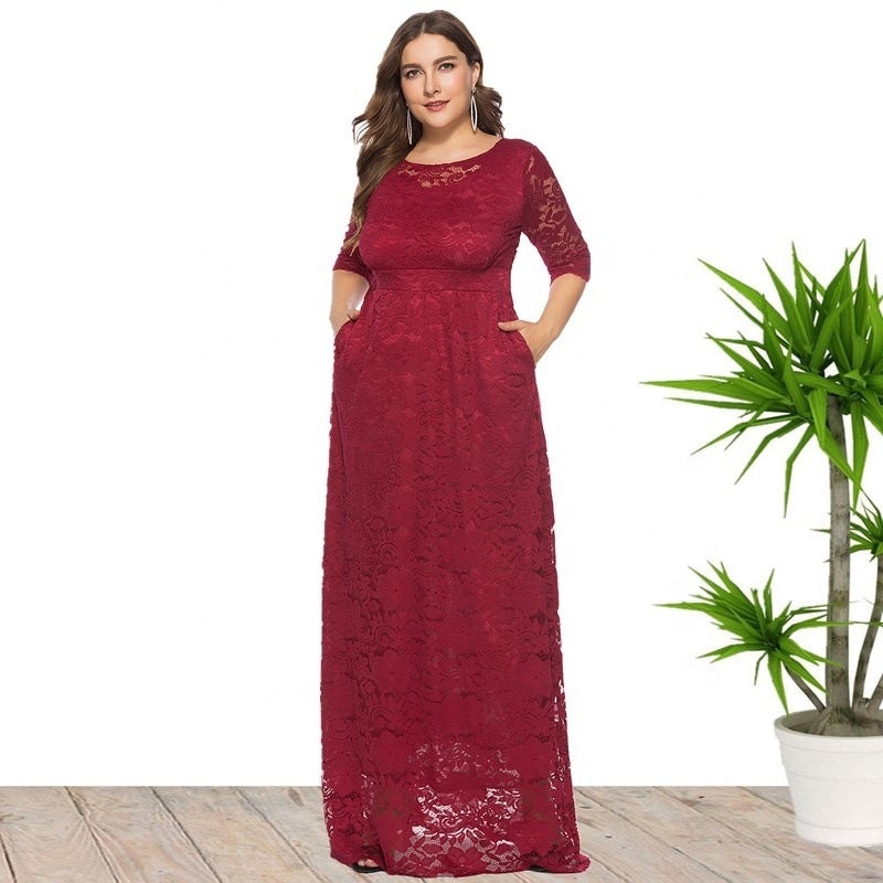 Plus Size Women New Hollow Lace Pocket Dress