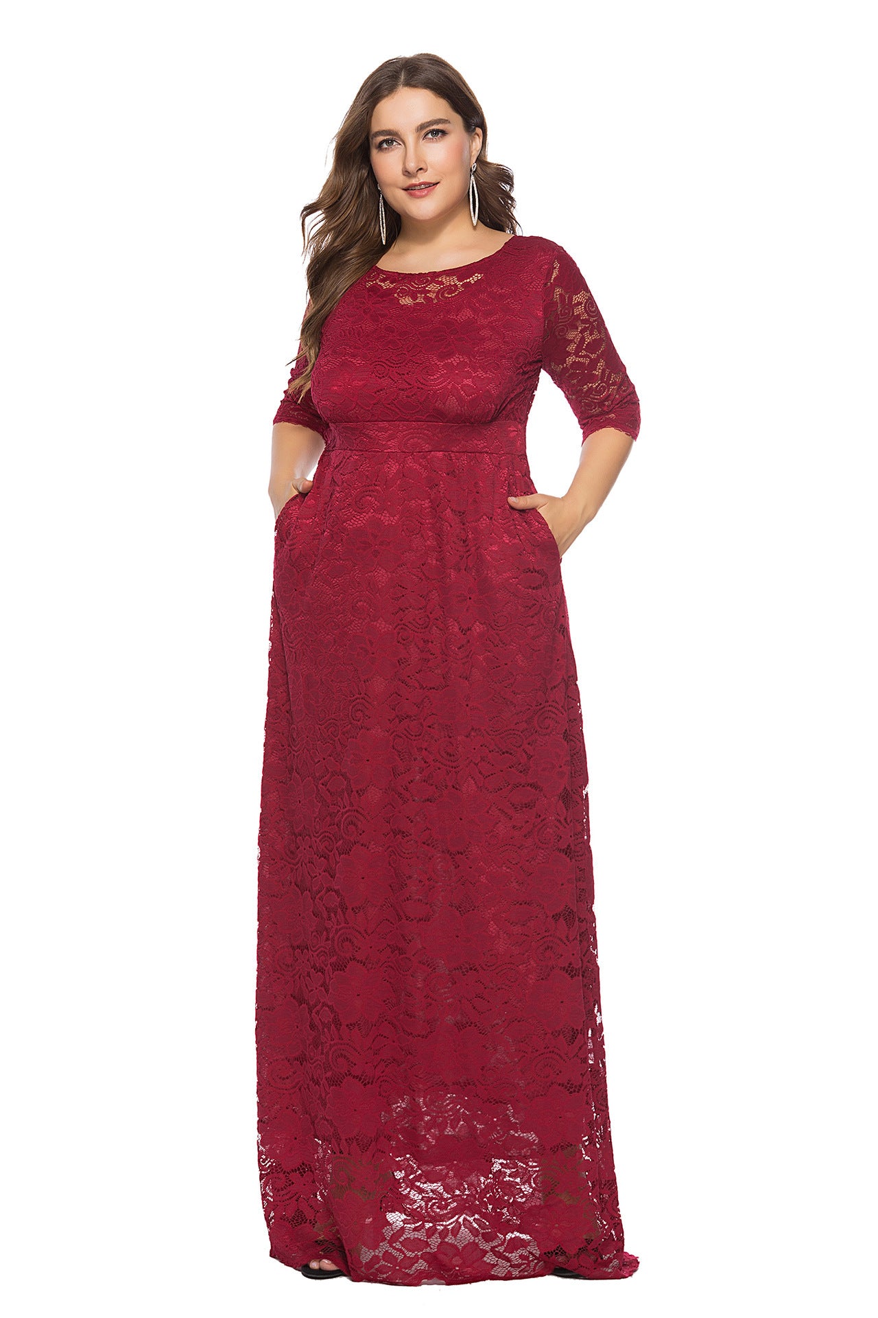 Plus Size Women New Hollow Lace Pocket Dress