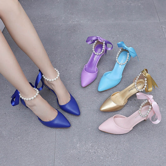 7cm Mid Heel Rhinestone Beaded Ribbon Sandals Matte Soft PU Leather Dress Shoes For Women