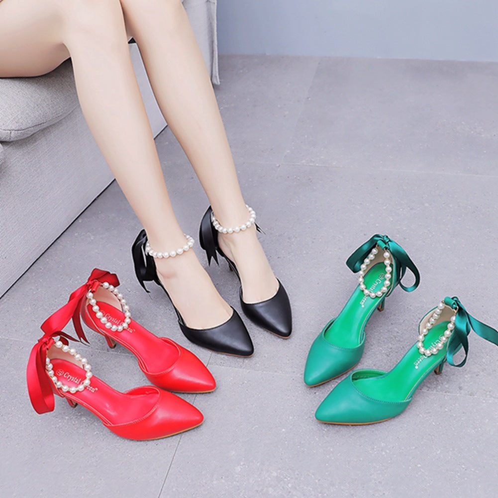 7cm Mid Heel Rhinestone Beaded Ribbon Sandals Matte Soft PU Leather Dress Shoes For Women