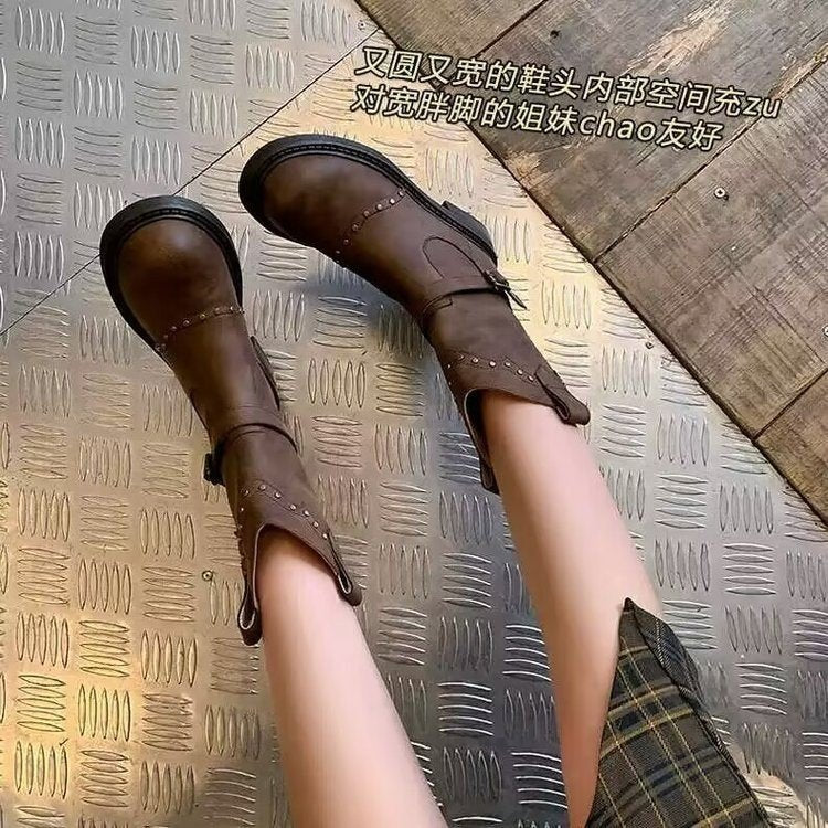 Women's Retro Brown Soft Leather Rivet Chunky Heel Ankle Boots