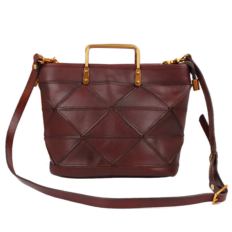 All-match Geometric Stitched Cowhide Women's Bag Work Commute Literary Handbag