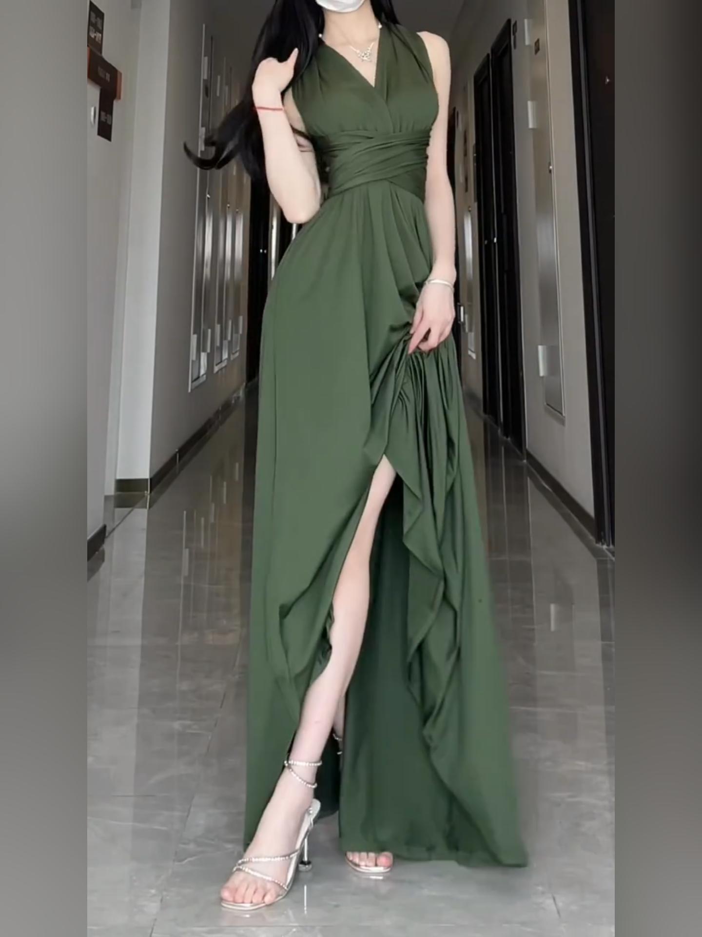 Plus Size Vintage Green V Neck Dress Women's