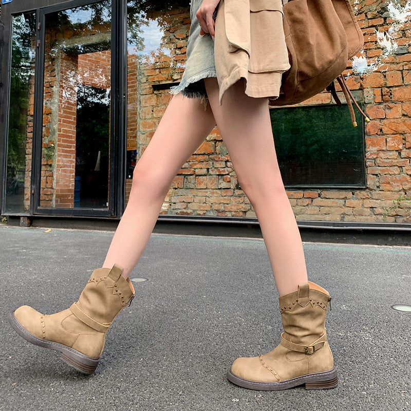 Women's Retro Brown Soft Leather Rivet Chunky Heel Ankle Boots