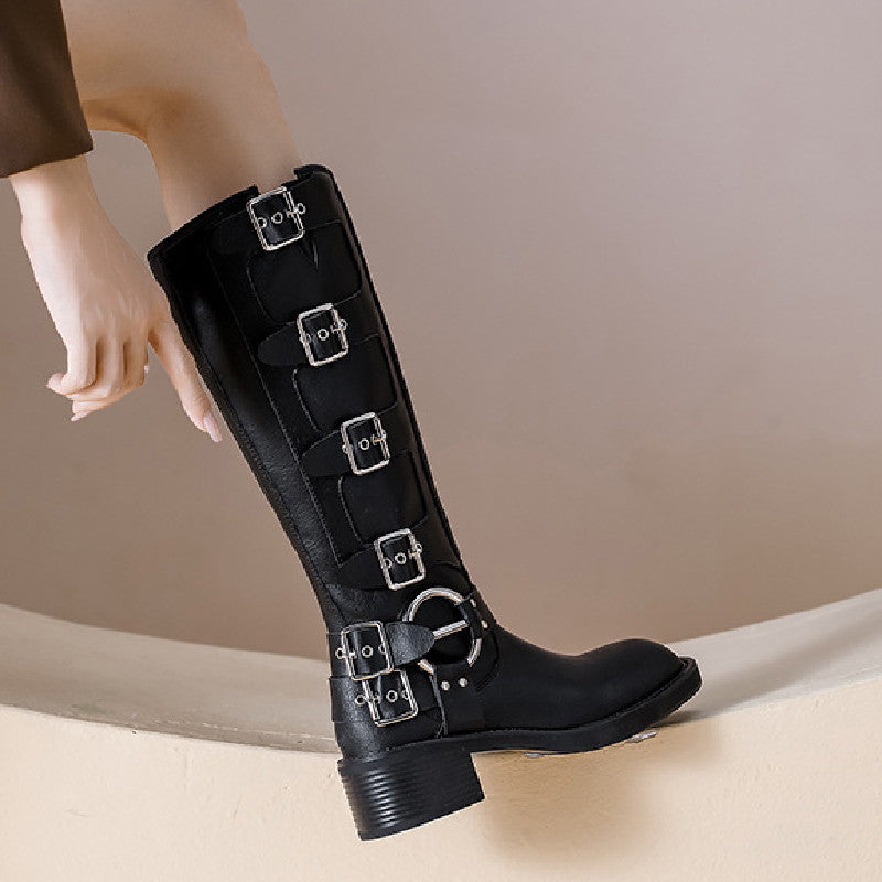 Women's Summer Belt Buckle Chunky Heel Martin Boots