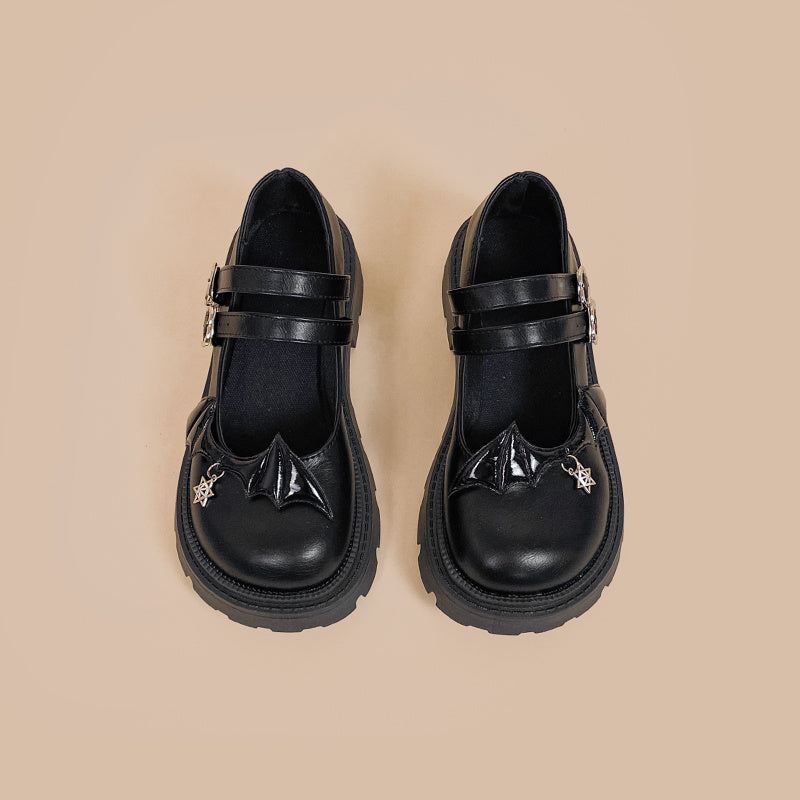 Women's Thick Round Black Leather Shoes