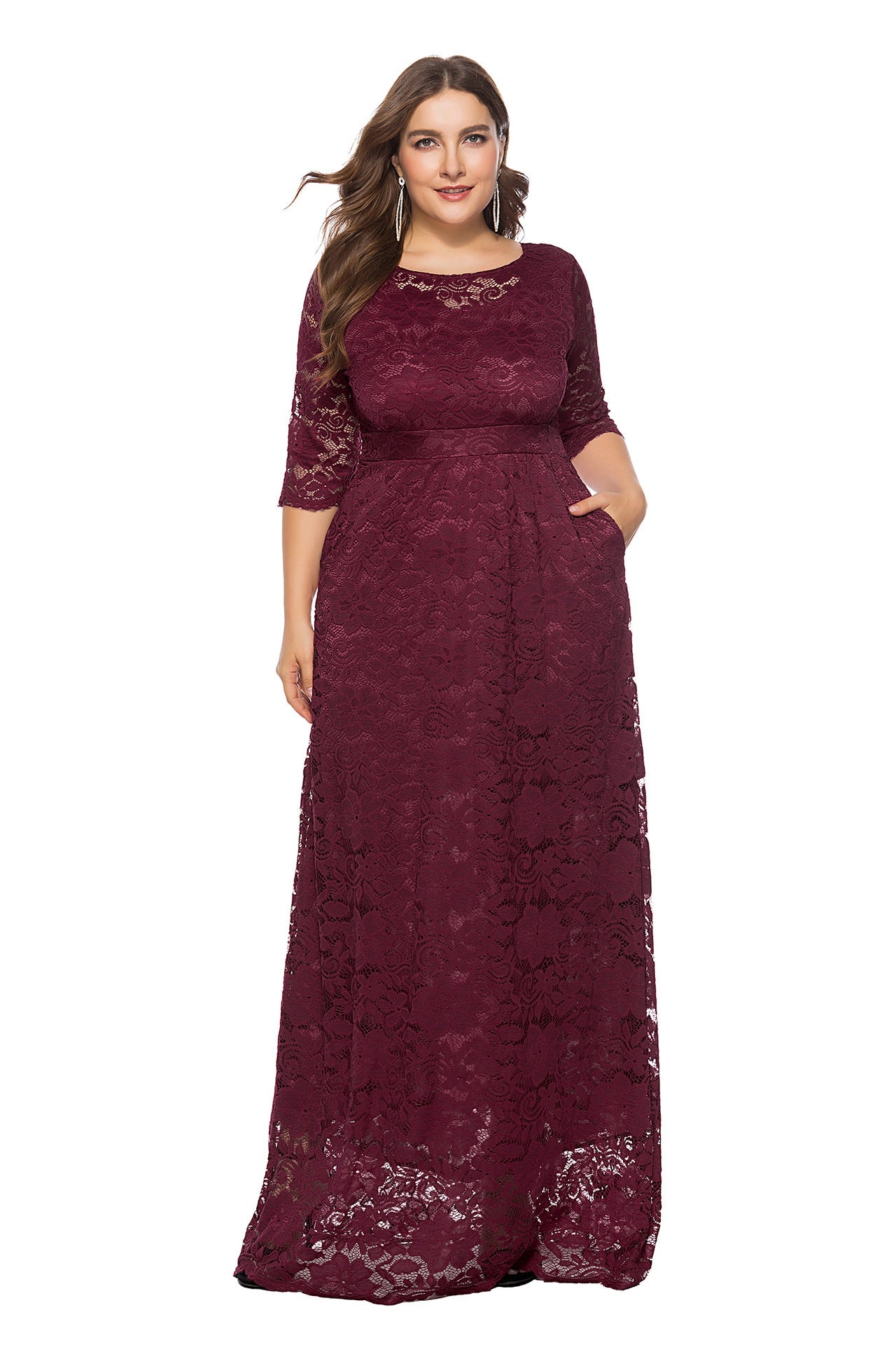 Plus Size Women New Hollow Lace Pocket Dress