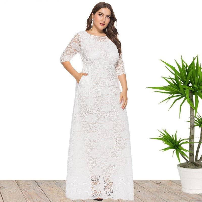 Plus Size Women New Hollow Lace Pocket Dress